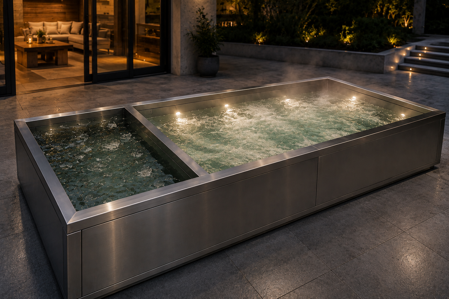 Nore Haus Kit 02 — 7 ft × 12 ft × 4 ft deep combo plunge pool with cedar sauna