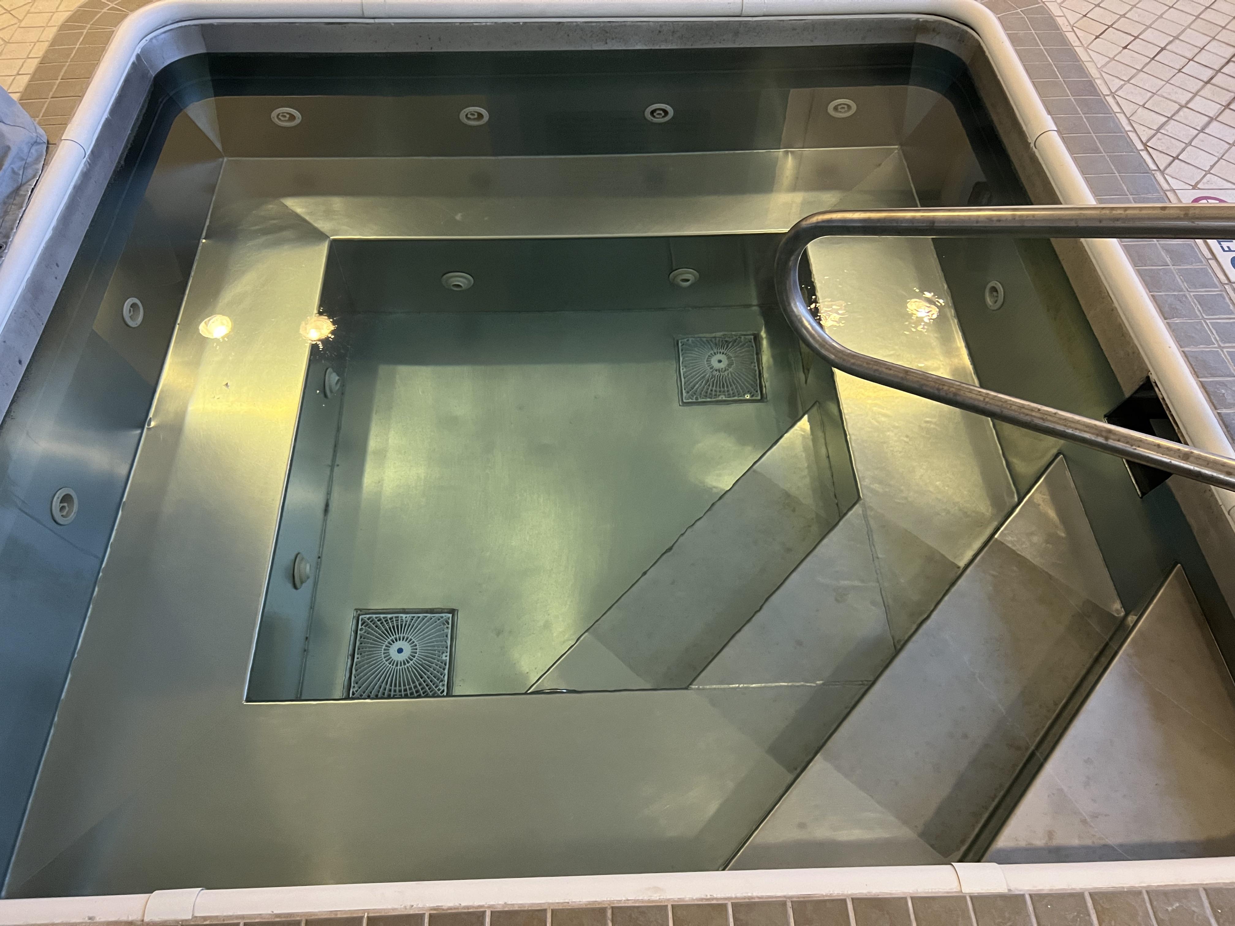 Close-up of 316L marine-grade stainless steel plunge pool interior — water jets and welded seams visible